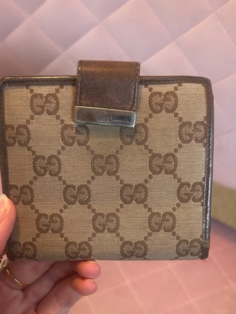 Vintage Gucci Beige & Brown GG Canvas Snap Wallet